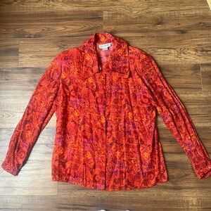 100% Silk Orange Red Collared Button up Blouse Women 14 Maximalist Artsy Vintage